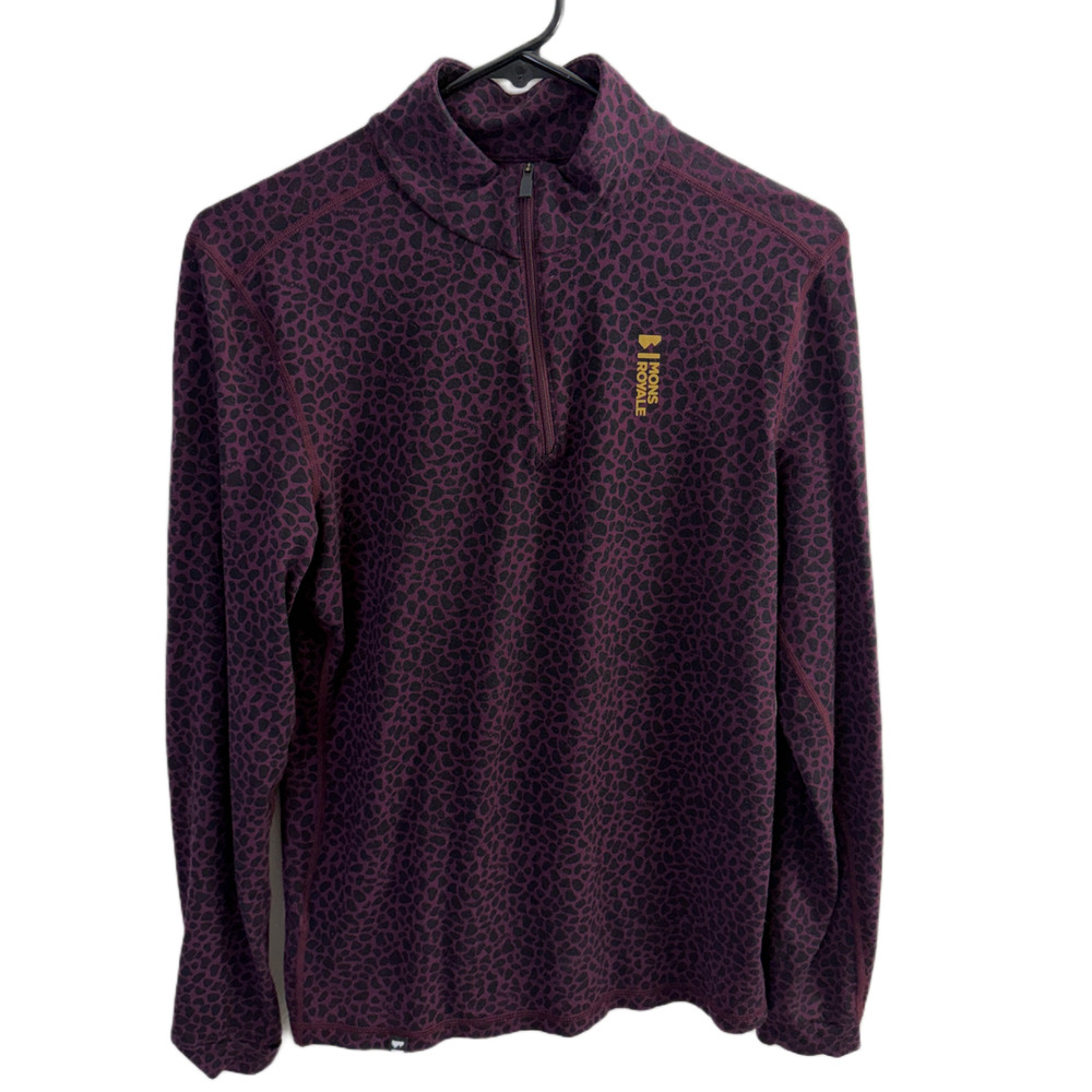 Mons Royale Cascade Merino Flex 200 1/4 Zip Shirt Womens Large Wool Leopard Ski